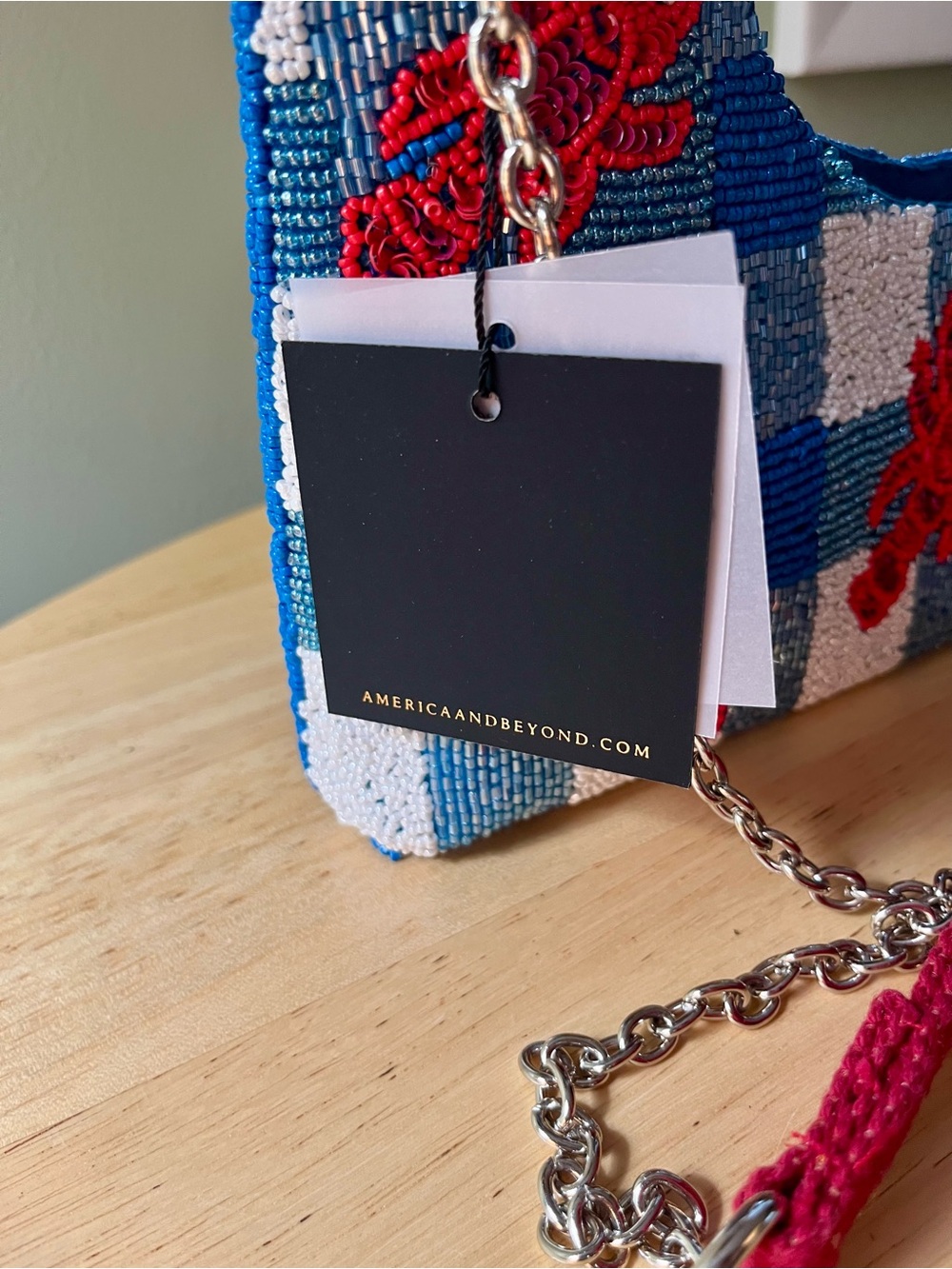 Beaded Blue Checkered Lobster Clutch with Shoulder Strap - Picture 3 of 5